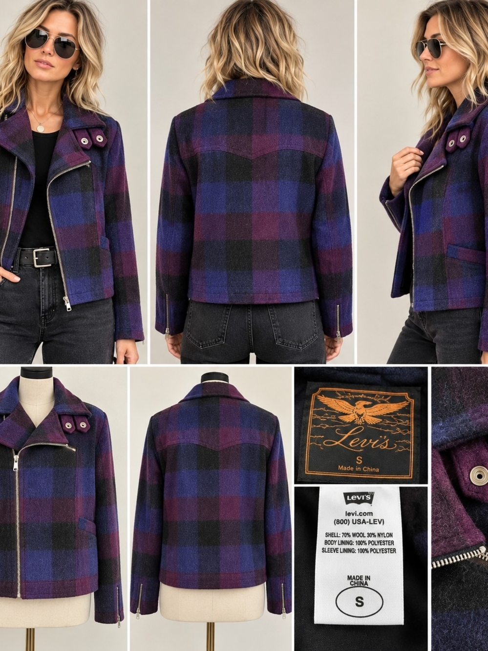 Levi's Purple & Black Plaid Wool Blend Moto Jacket - Women's S